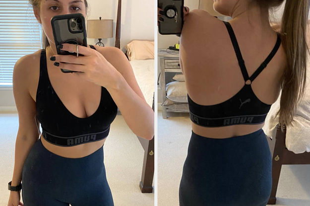 reviewer wearing black Puma sports bra