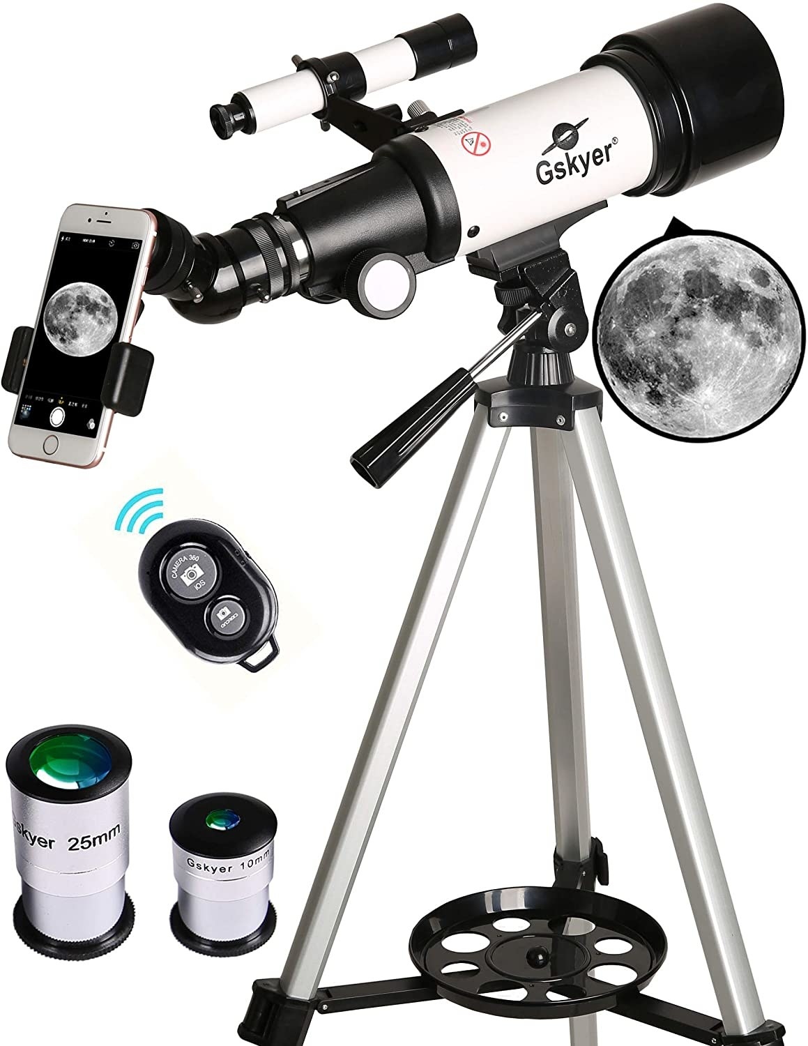 A product shot of the telescope showing the different sizes of lenses and a cell phone connected to the image through the telescope 