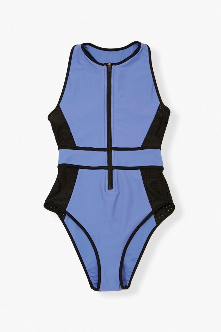 The stretch-knit blue suit with perforated side detailing in black and contrasting blue belt in the center