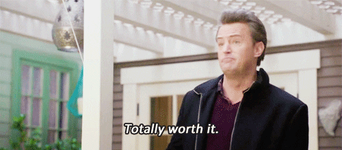 matthew perry in the tv show "go on" giving a thumbs up and saying "totally worth it"