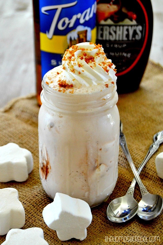 The &quot;Frappuccino&quot; in a glass Mason jar topped with whipped cream and graham cracker crumbs