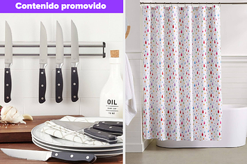 Foto izquierda: juego de cuchillos; foto derecha: cortina de baño