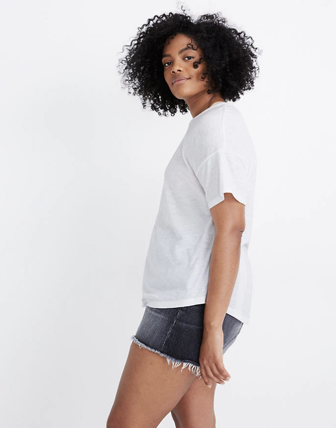 A model in a white cotton crewneck t-shirt 