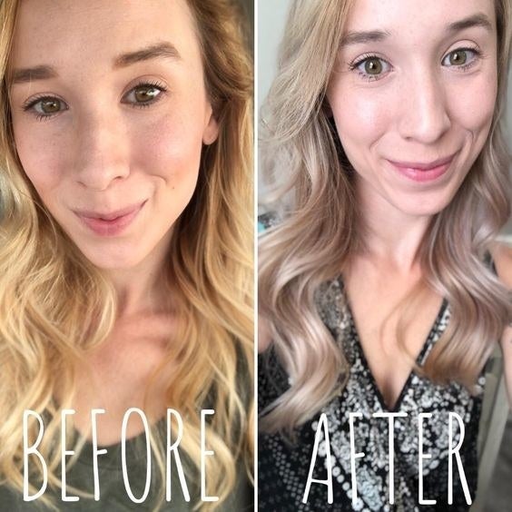Reviewer showing a before with yellowy hair and after with neutralized lighter hair