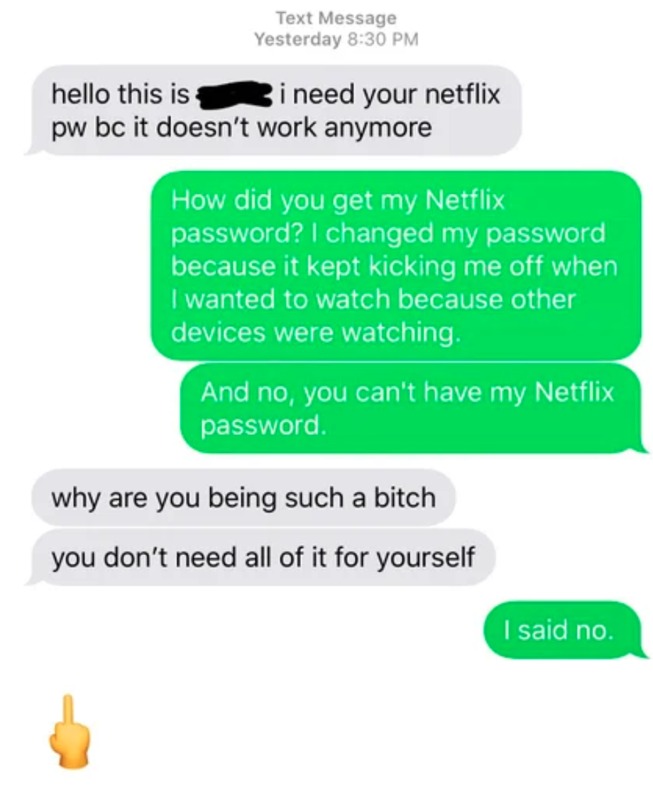 a person asking why someone&#x27;s being &quot;such a bitch&quot; and not giving them a Netflix password