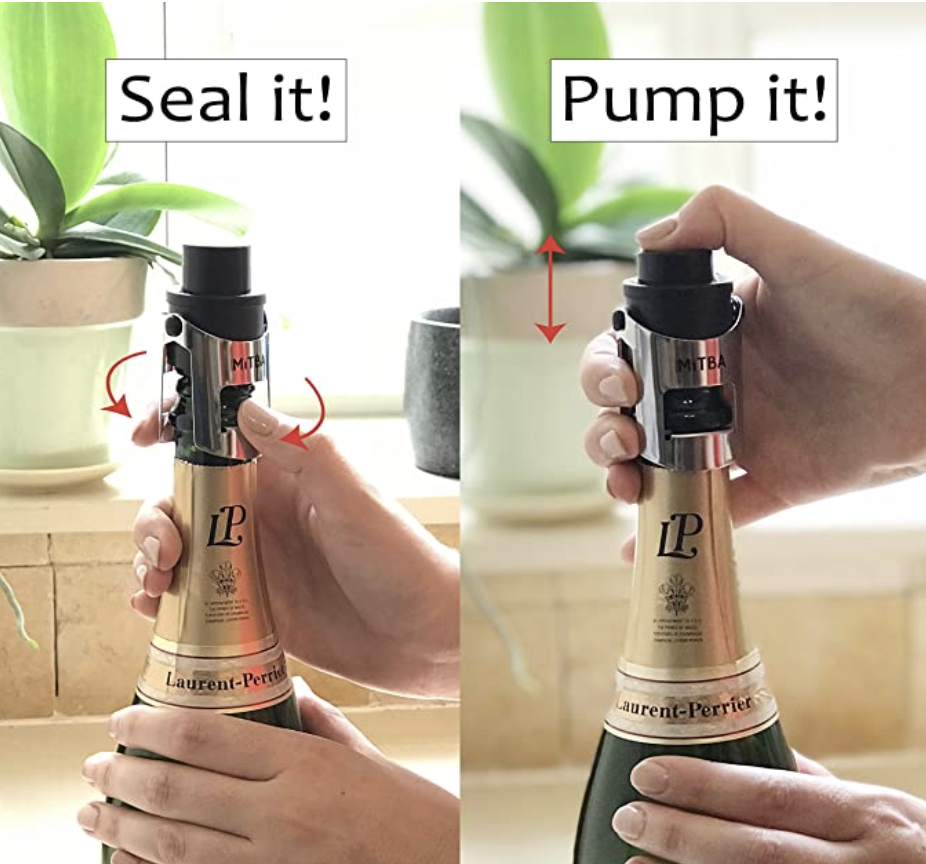 A model popping a sealed lid on top of a wine bottle and pumping the top button to preserve the bubbles 
