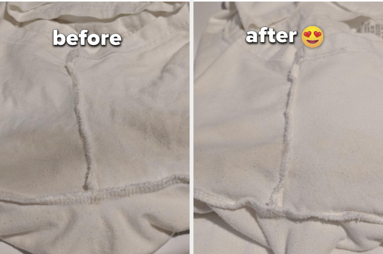 A &quot;before&quot; image of a discolored pit in a white shirt and an &quot;after&quot; image of it looking almost all white again 