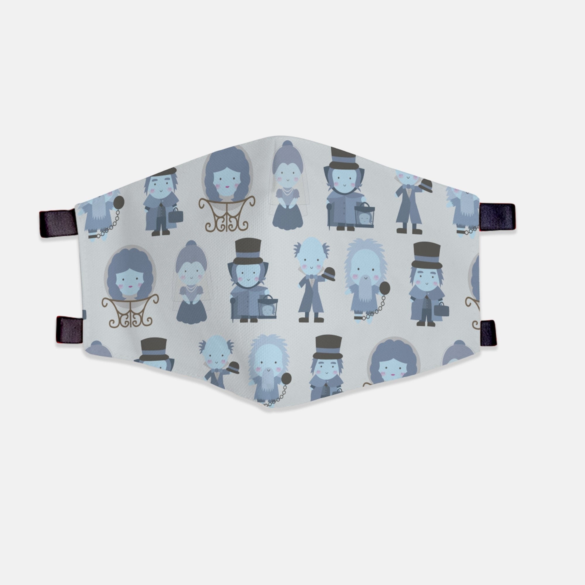 a gray mask featuring a design of animated haunted mansion characters in shades of blue