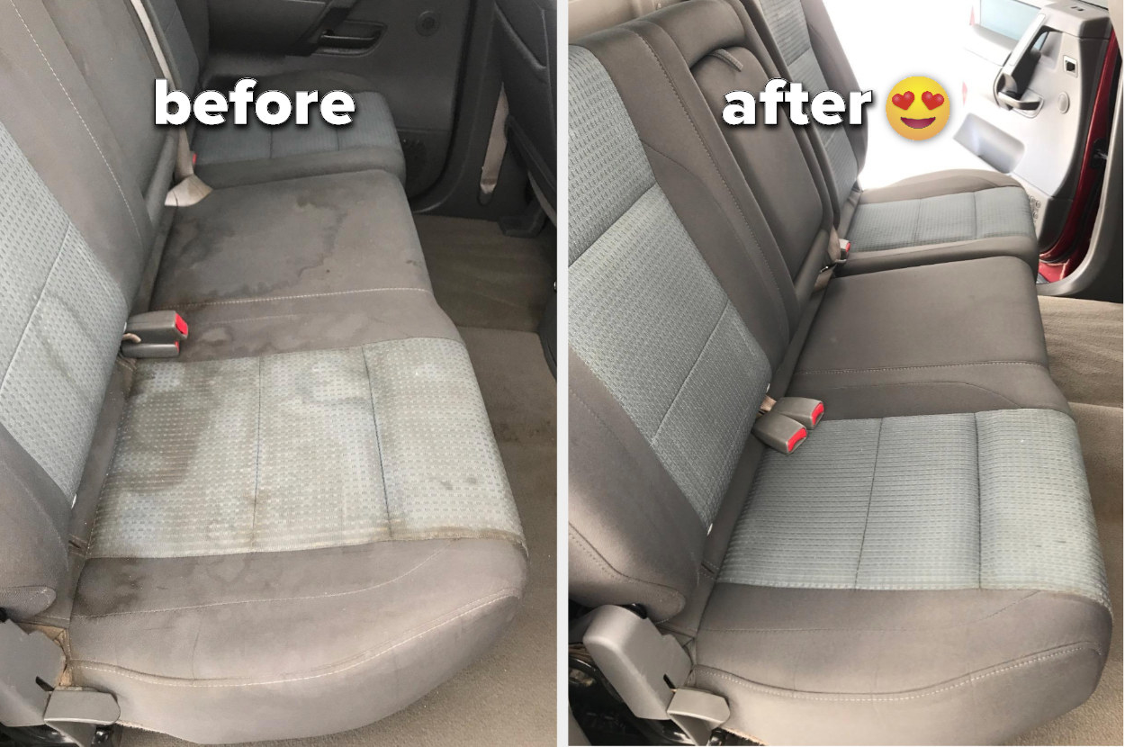 A reviewer's before of a stained, grimy cloth car interior and and after of it without stains on it anymore 