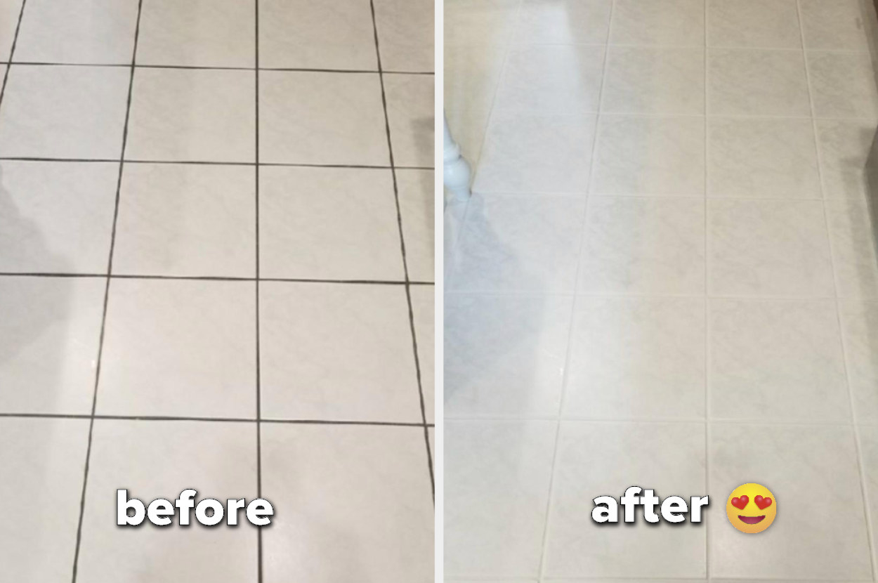 a before image of dark grouts on white tile and an after image of the grout restored to white 