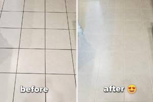 A customer review before and after photo of their tiled floor with dirty grouts and then completely white 