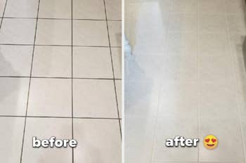 a before image of dark grouts on white tile and an after image of the grout restored to white 