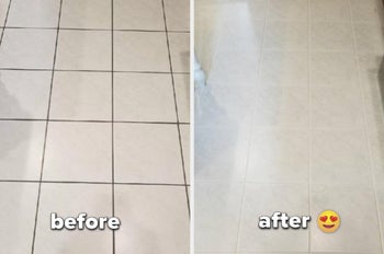 A customer review before and after photo of their tiled floor with dirty grouts and then completely white 