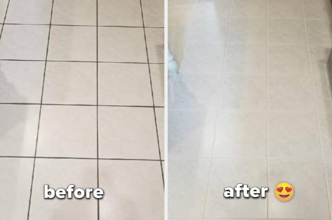 A tiled floor with dirty grouts and an after pic of the grouts completely white 