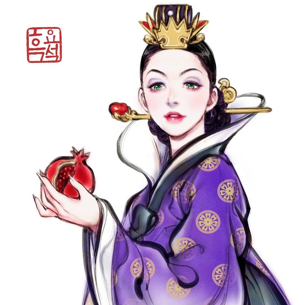 Disney&#x27;s Evil Queen dressed in a purple hanbok holding a pomegranate. 