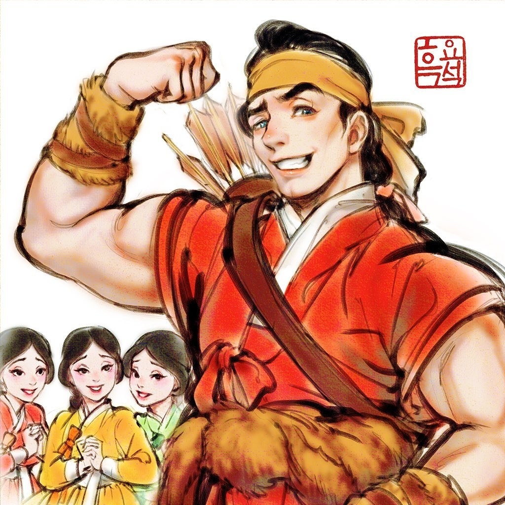 Disney&#x27;s Gaston wearing a traditional Korean outfit with triplets fawning over him in the back