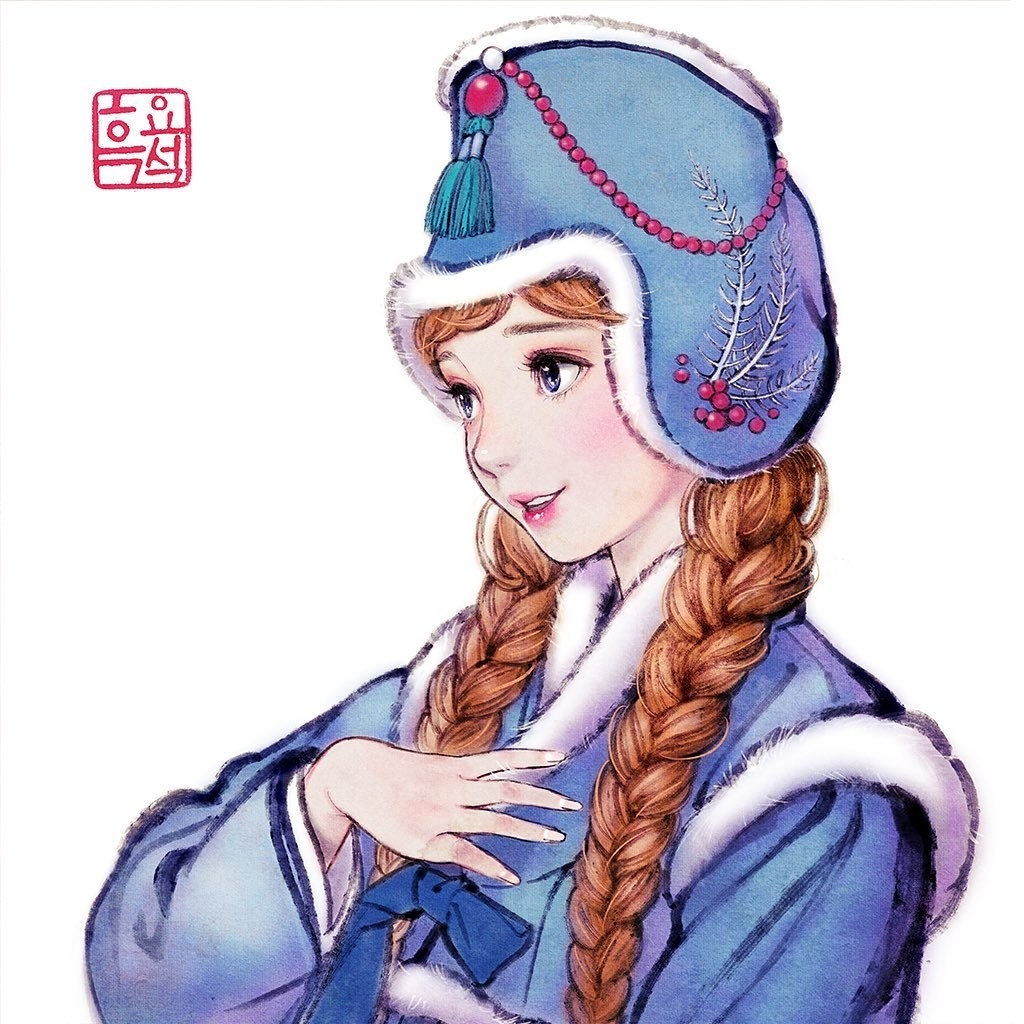 Disney&#x27;s Ana from Frozen wearing a blue fur-trimmed hanbok and jobawi hat
