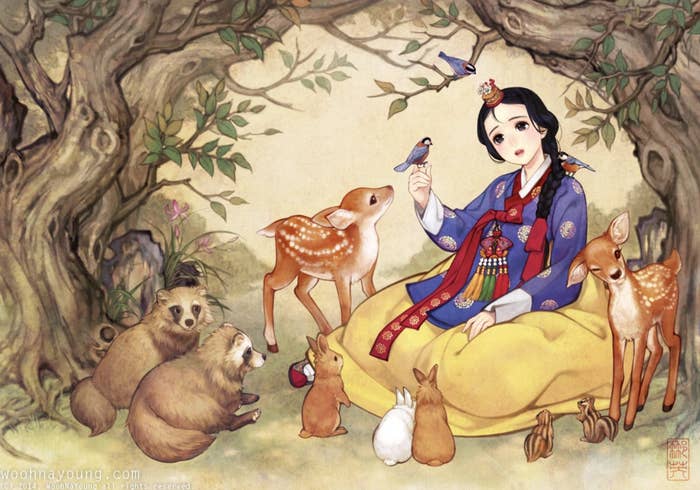 Disney&#x27;s Snow White wearing a Korean hanbok surrounded by forest animals.