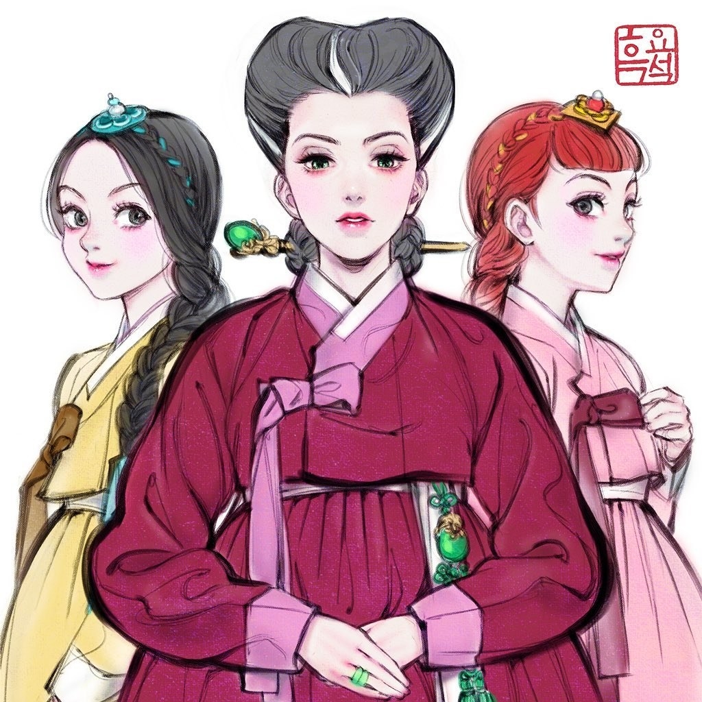 Disney&#x27;s Lady Tremaine and her daughters from &quot;Cinderella&quot; wearing hanbok