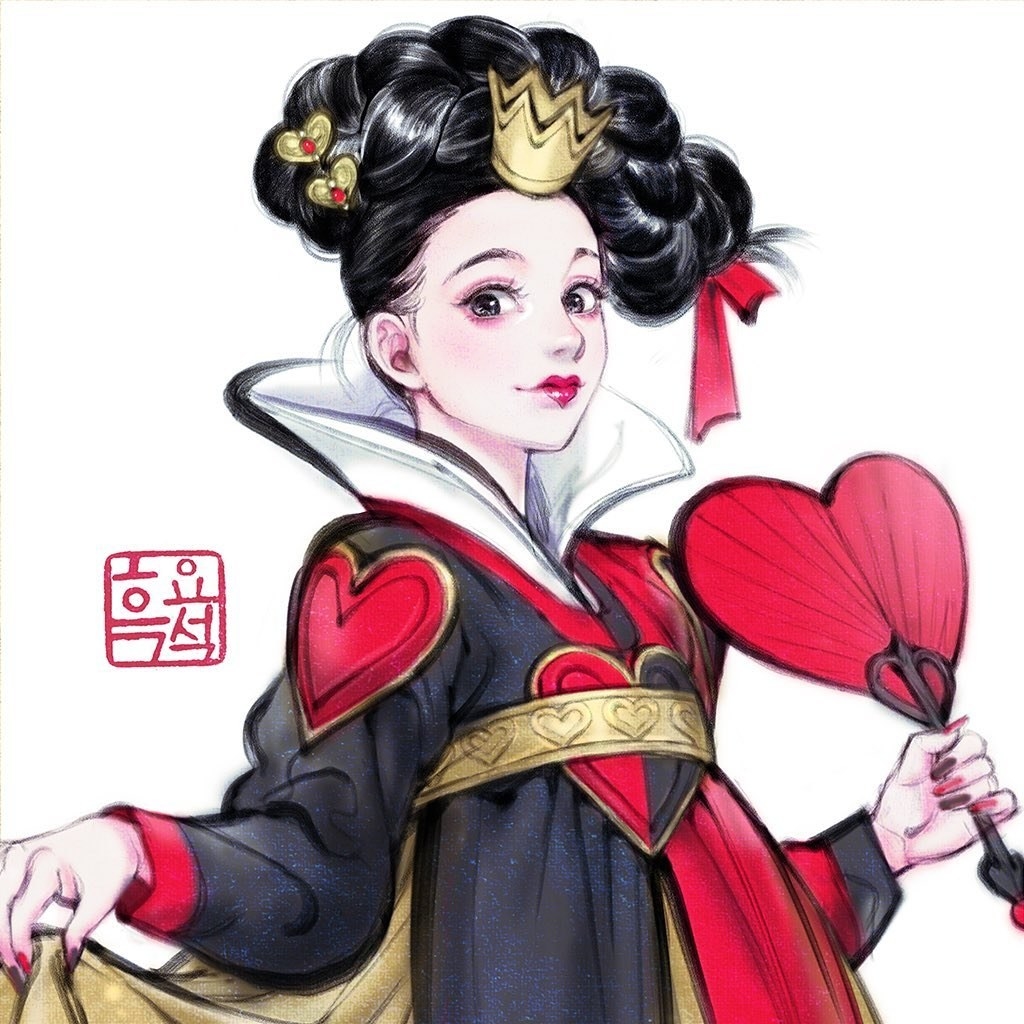 Queen of Hearts from Disney&#x27;s &quot;Alice in Wonderland&quot; wearing a black and red hanbok with heart details.