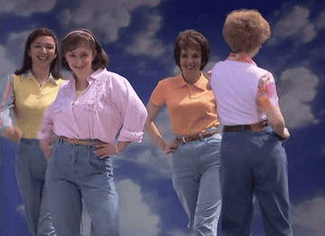 A GIF of four people modeling high-waisted jeans