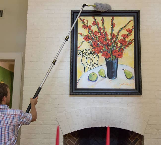 Model uses extendable high-reach duster to clean hanging portrait