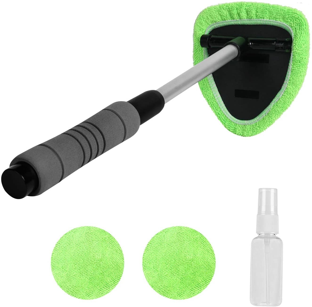 Black cleaning tool with lime green colored pads and clear spray bottle