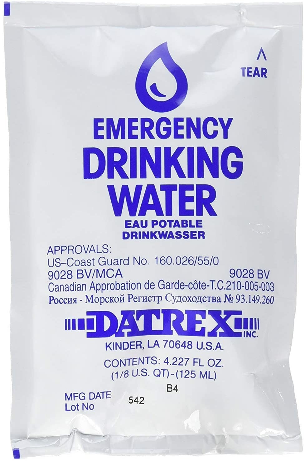 White packet of drinking water with blue lettering