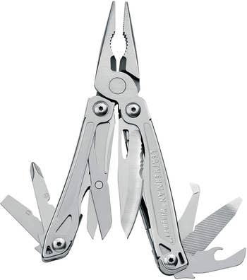 The metal Leatherman opened showing all 14 tools contained within it
