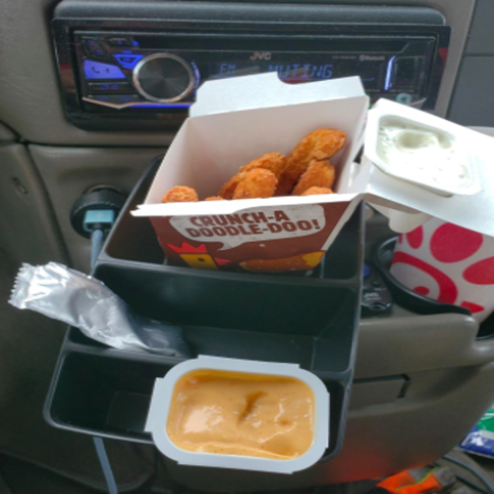 reviewer using the caddy to hold fries, dipping sauce