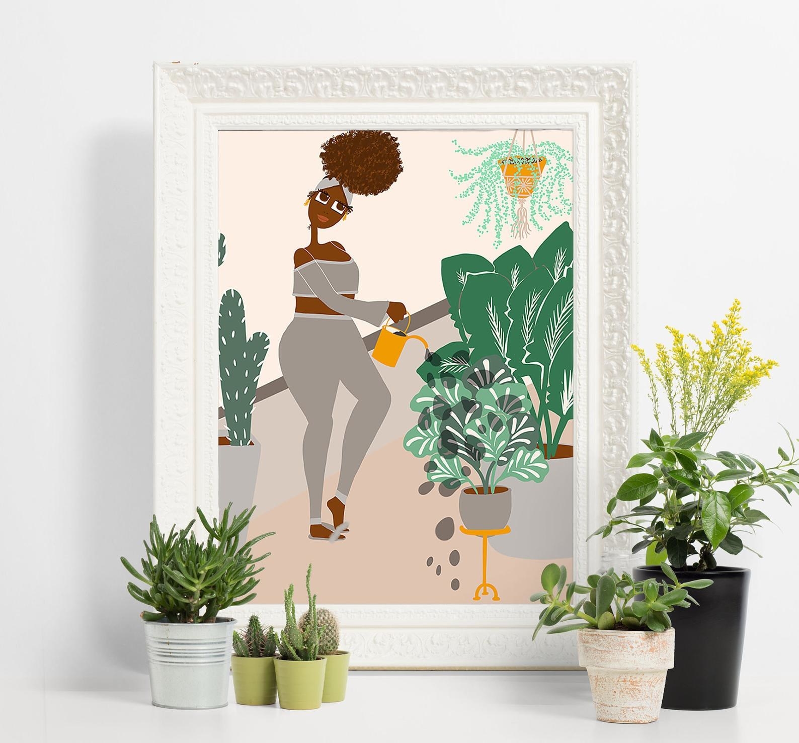 illustration of Black woman watering plants