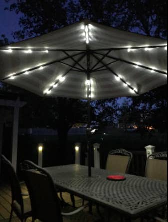 reviewer's umbrella at night with lights underneath it