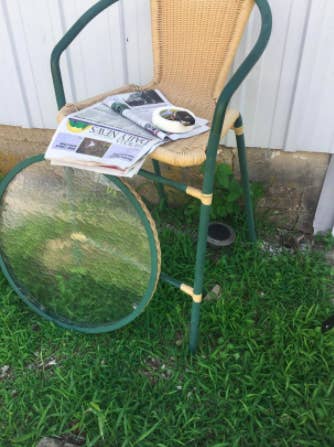 before of patio chair with green metal accents