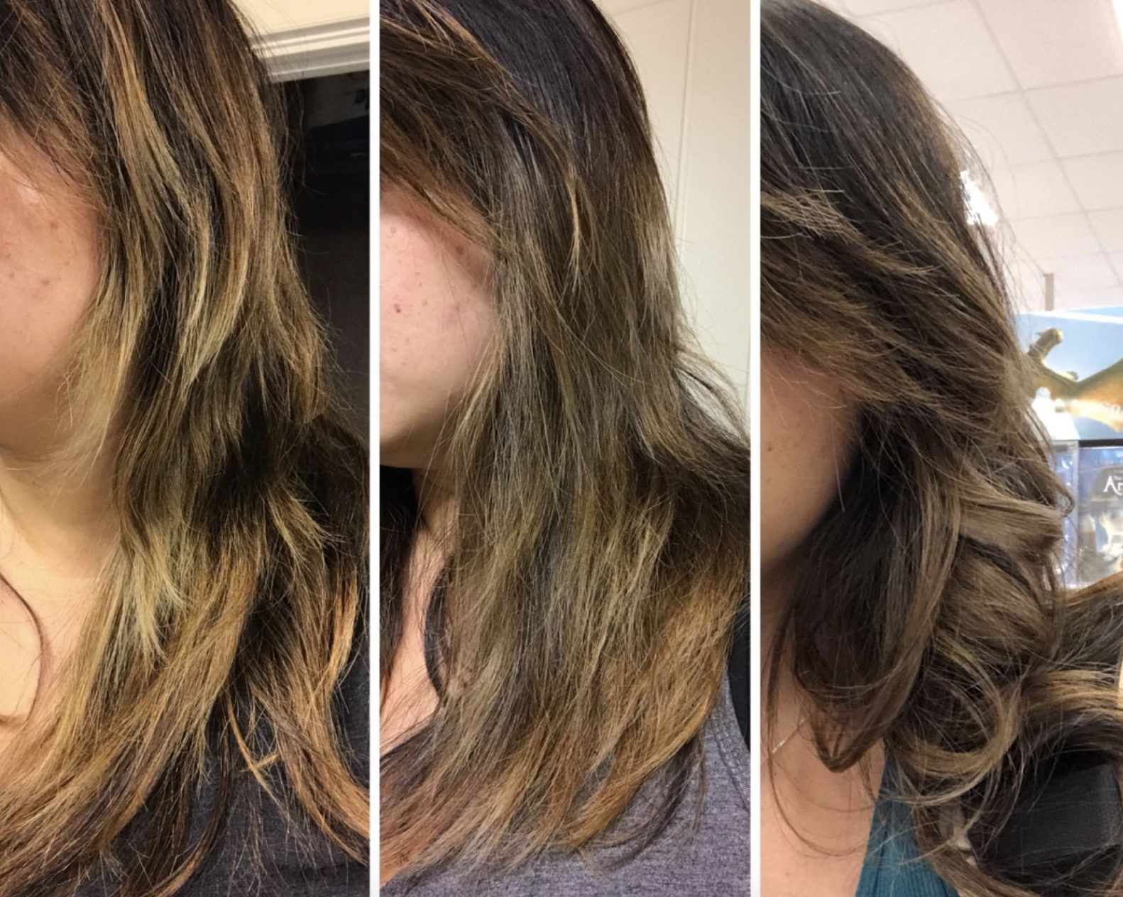 reviewer before-and-after photo of hair going from brassy to light brown