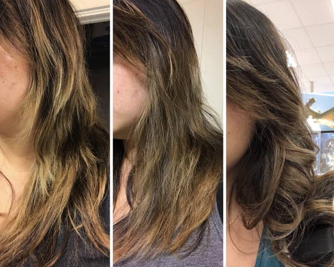 three photos of reviewer hair showing the loss of brassiness from left to right