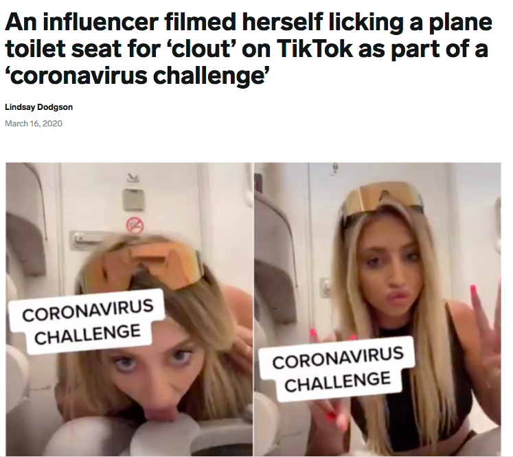 An influencer filmed herself licking a plane toilet seat for &#x27;clout&#x27; on TikTok as part of a &#x27;coronavirus challenge&#x27;