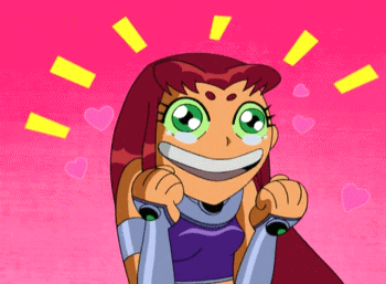 Starfire from Teen Titans looking super excited with large watery starry green eyes and a big grin with her fists raised. Pink hearts and yellow effects surround her head.