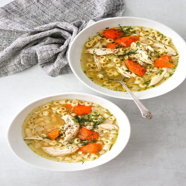 Two bowls of Rotisserie Chicken Noodle Soup