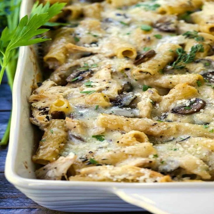 Chicken Marsala Baked Ziti in a pan
