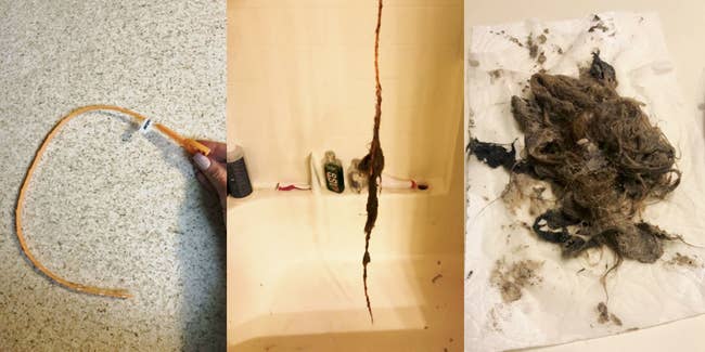 Reviewer's drain snake after using it in clogged shower
