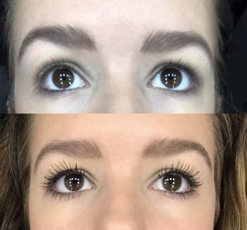Reviewer before and after showing the mascara makes their lashes look long and full