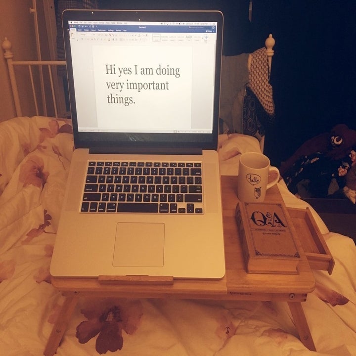 laptop on bamboo tray 