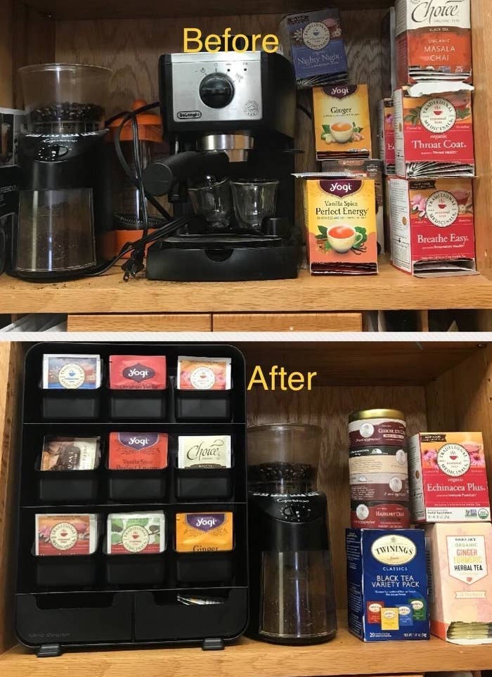 a photo set displaying the inside of a kitchen cabinet before and after having the tea bag organizer installed