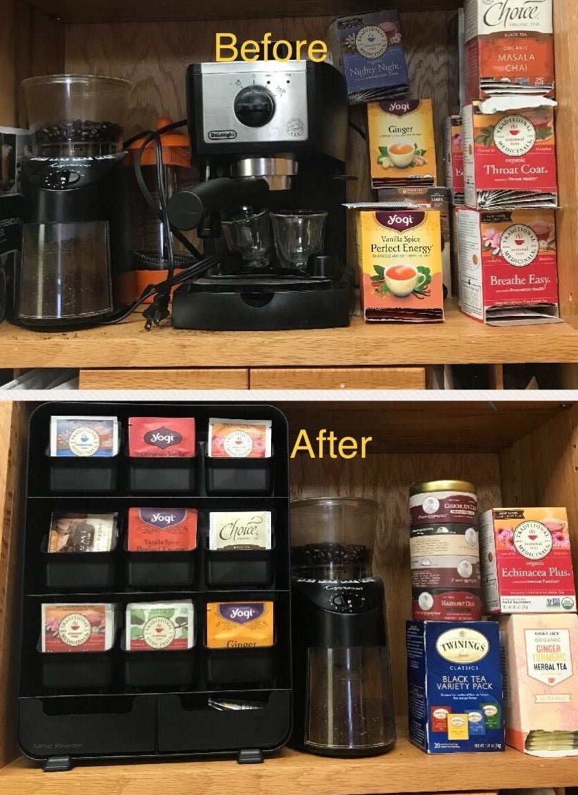 a photo set displaying the inside of a kitchen cabinet before and after having the tea bag organizer installed