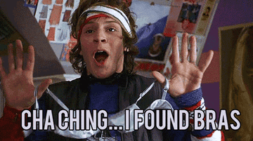 A gif of Evan Peters from Sleepover holding up a bra saying, &quot;Cha ching...I found bras&quot;