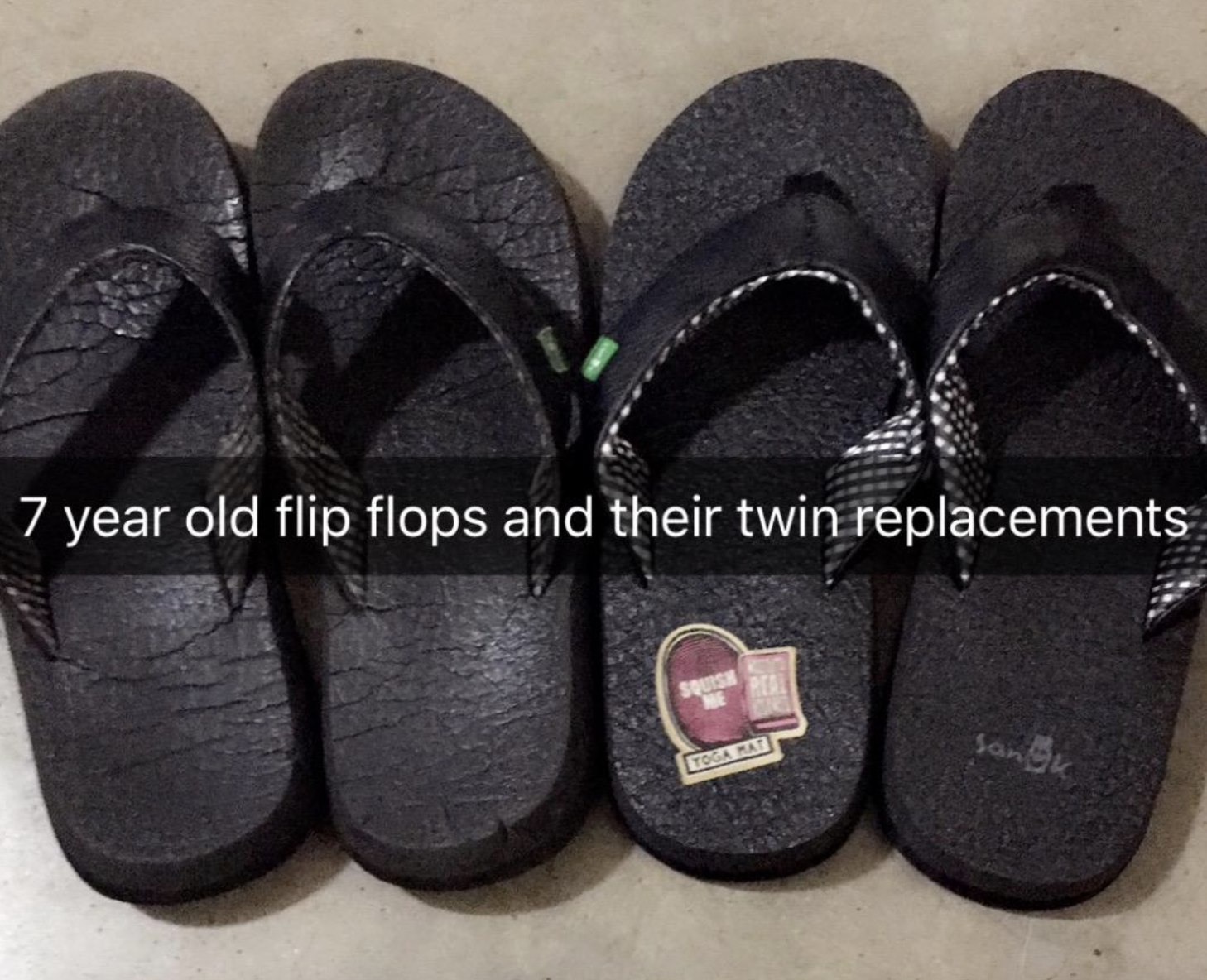 Reviewer&#x27;s photo of two pairs of black flip flops side-by-side labeled &quot;7 year old flip flops and their twin replacements&quot; 