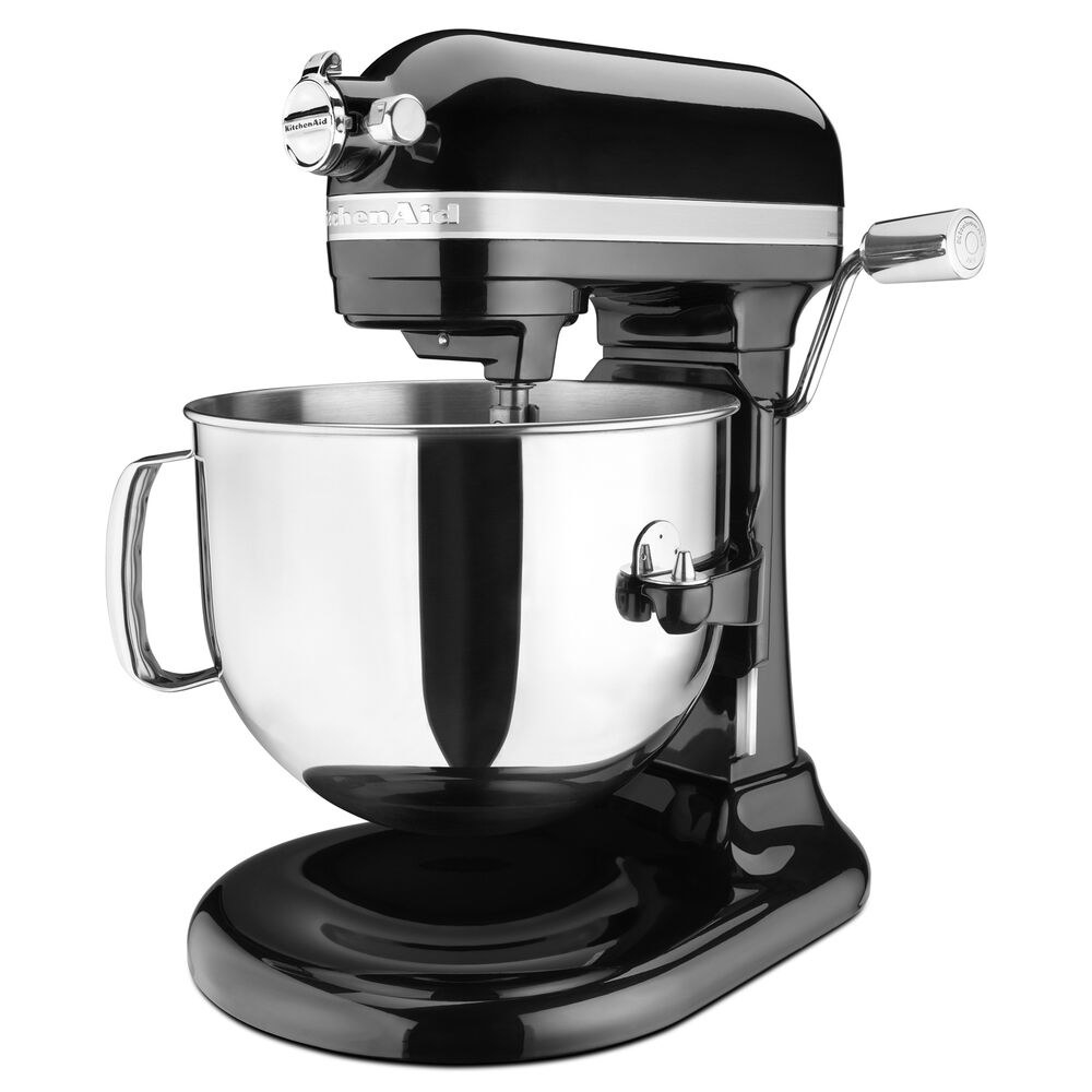 a black stand mixer with a stainless steel bowl