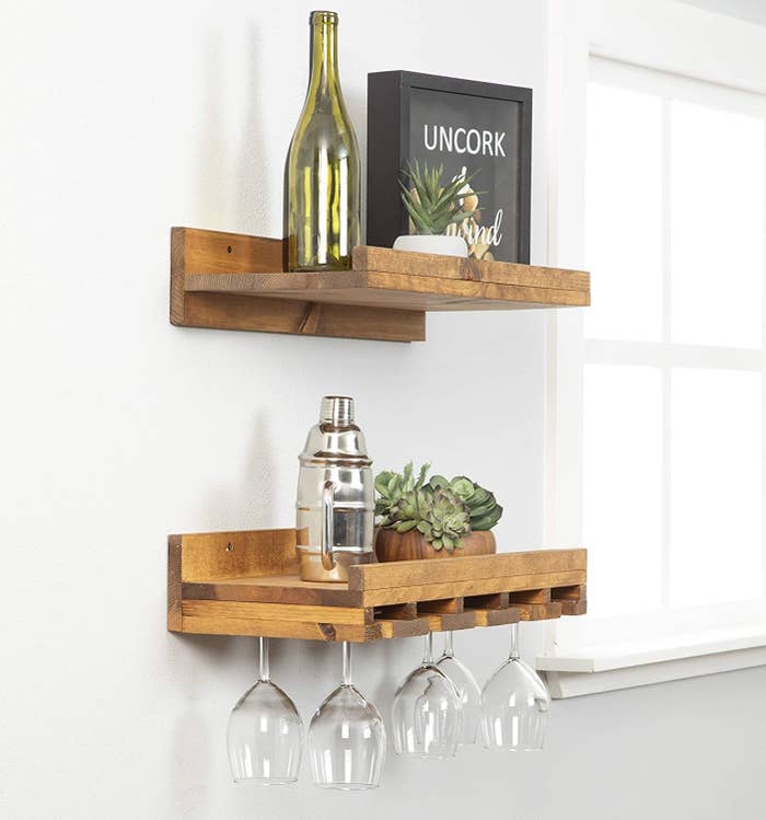 Two rough-edged wood shelves: one standard, lipped shelf and one with added panels to hold up to six wine glasses 
