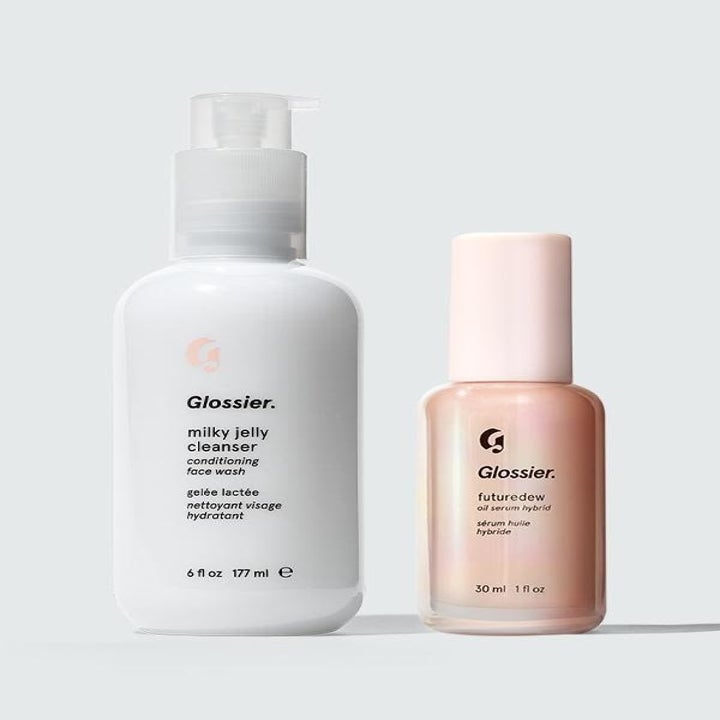 A bottle of Milky Jelly Cleanser and a bottle of Futuredew standing next to each other
