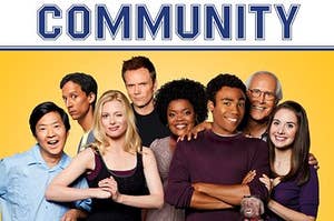 The cast of the TV show Community poses for a quirky photo